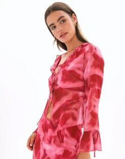 Print Frill Split Tie Front Blouse -Glassons riley ruffle blouse carnation skies detail bl64192prt