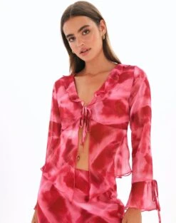 Split Tie Front Print Blouse -Glassons riley ruffle blouse carnation skies front bl64192prt 2