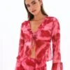 Print Frill Split Tie Front Blouse -Glassons riley ruffle blouse carnation skies front bl64192prt 3