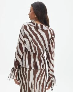 Print Frill Split Tie Front Blouse -Glassons riley ruffle blouse umber zebra back bl64192prt