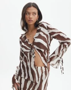 Print Frill Split Tie Front Blouse -Glassons riley ruffle blouse umber zebra detail bl64192prt