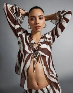 Print Ruffle Long Sleeve Blouse -Glassons riley ruffle blouse umber zebra front bl64192prt