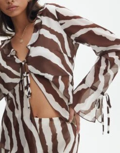 Print Frill Split Tie Front Blouse -Glassons riley ruffle blouse umber zebra imageback bl64192prt
