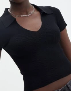 Collared Ribbed Knit Crop Top -Glassons sammie collared black imageback ks123930vp