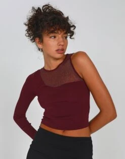 Long Sleeve Cut Out Ribbed Top -Glassons shae mesh mix one shoulder red chocolate front kl90238vn