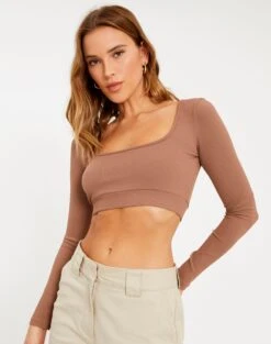 Foldover Off Shoulder Long Sleeve Top -Glassons shaka scoop neck top shiitake front tl54666rib