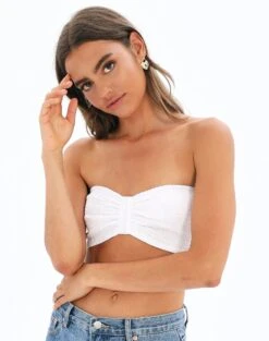 Cotton Button Up Shirt -Glassons shelly shirred bandeau white front bv85320cot 1