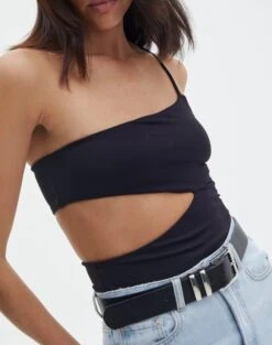 Supersoft One Shoulder Side Cut Out Bodysuit -Glassons sully peachy bodysuit black imageback tb95431pch