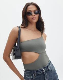 Supersoft One Shoulder Side Cut Out Bodysuit -Glassons sully peachy bodysuit cypress front tb95431pch 1