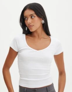 Cropped V Neck Tee 27 Cropped V Neck Tee -Glassons susu v neck top white front ts122528rib