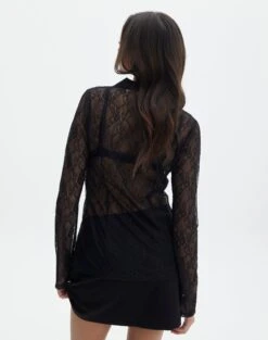 Lace Long Sleeve Button Front Top -Glassons tali lace fitted cardigan black back tc131029lac