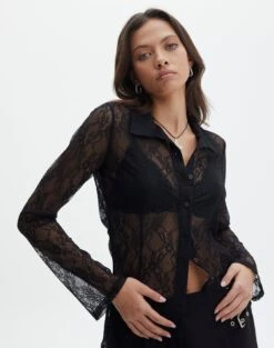 Lace Long Sleeve Button Front Top -Glassons tali lace fitted cardigan black detail tc131029lac
