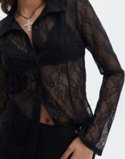 Lace Long Sleeve Button Front Top -Glassons tali lace fitted cardigan black imageback tc131029lac
