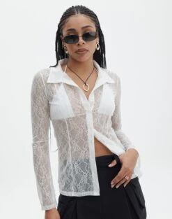 Pointelle Curve Hem Cropped Long Sleeve Top -Glassons tali lace fitted cardigan milk front tc131029lac