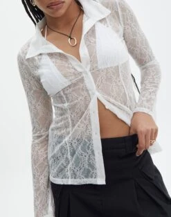 Lace Long Sleeve Button Front Top -Glassons tali lace fitted cardigan milk imageback tc131029lac