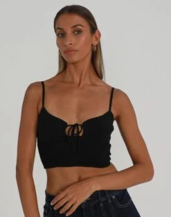 Button Up Cropped Long Sleeve Top -Glassons tommo tie knit top black front kv76324rib 4