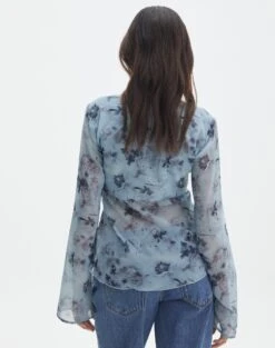 Print Ruffle Long Sleeve Blouse -Glassons tritan lattice blouse bubble blooms back bl134763prt