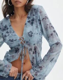 Print Ruffle Long Sleeve Blouse -Glassons tritan lattice blouse bubble blooms imageback bl134763prt