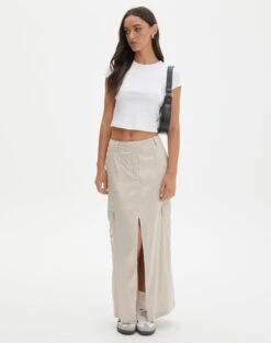 High Rise Denim Maxi Skirt 39 High Rise Denim Maxi Skirt -Glassons twiggy satin cargo midi skirt what the shell front sl104188vis 1