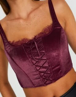 Velvet Tie Front Lace Trim Corset Top -Glassons varna velvet bralette berry the hatchet imageback ut109831vel