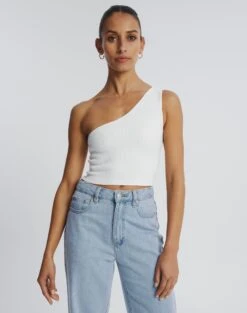 One Shoulder Ribbed Tank -Glassons wirius one shoulder white front kv44069rib