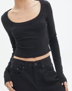 Cotton Scoop Neck Long Sleeve Top 25 Cotton Scoop Neck Long Sleeve Top -Glassons wylie wide rib scoop black imageback tl53892prib