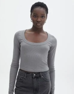 Cotton Scoop Neck Long Sleeve Top 35 Cotton Scoop Neck Long Sleeve Top -Glassons wylie wide rib scoop gunsmoke detail tl53892prib