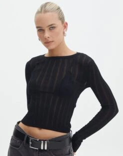 Sheer Backless Long Sleeve Crop Top -Glassons zara sheer crepe crew black front kl89942sc 7